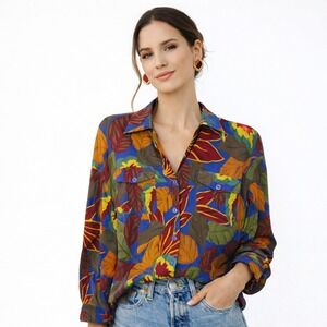 Vintage Diane Gilman Silk Button Up Medium 80's Tropical Maximalist Blouse Boho